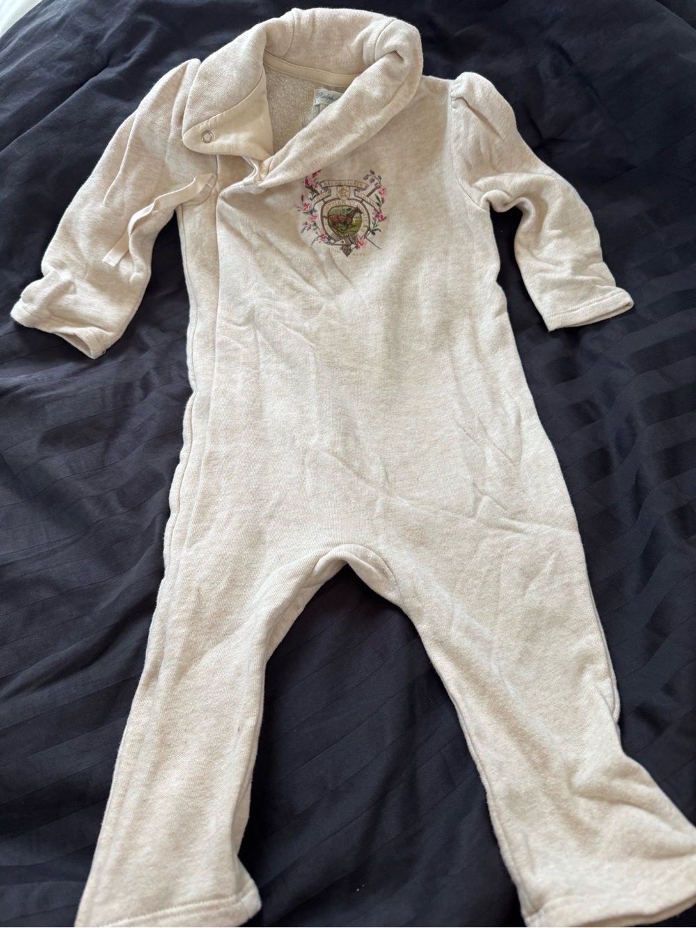 Ralph Lauren Cream Infant One-Piece with Embroidered Crest